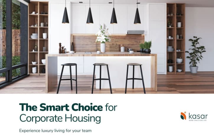 Cozy living room with modern furnishings, titled 'Smart Choice for Corporate Housing.